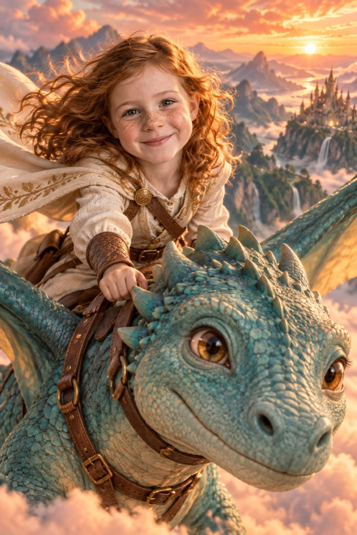 A child and her dragon flying into a golden sky