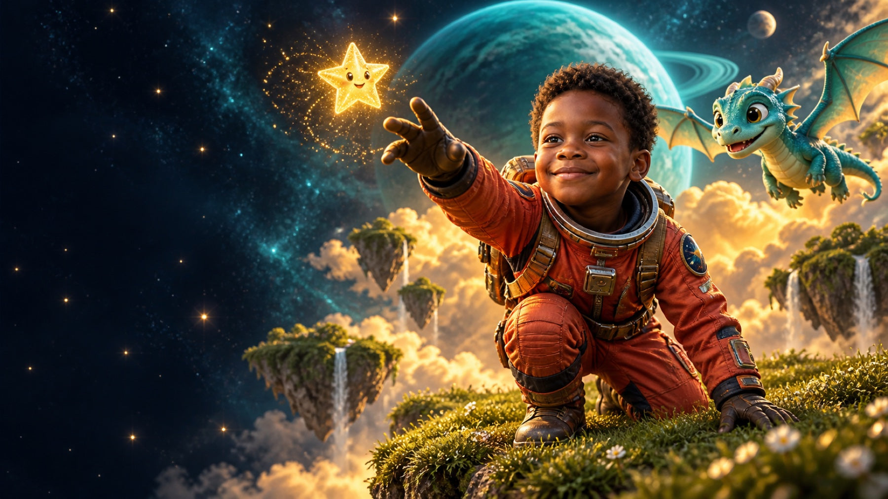 A little astronaut reaches for a golden star as his dragon friend flies beside him