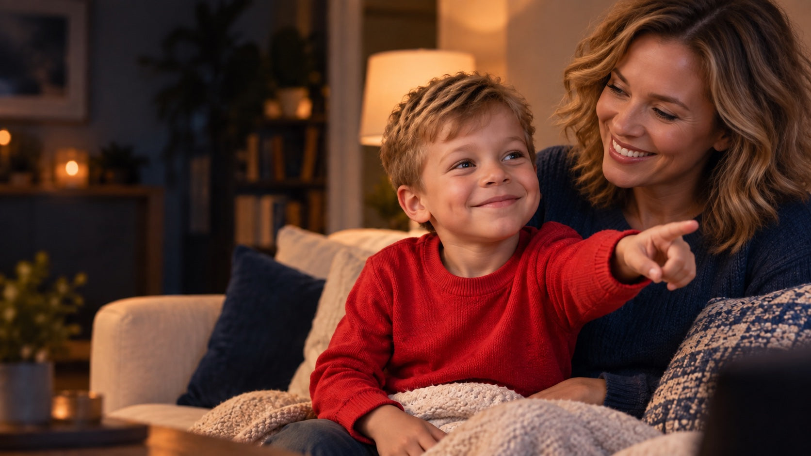 Fictional AI demonstration of a mother and child enjoying movie night